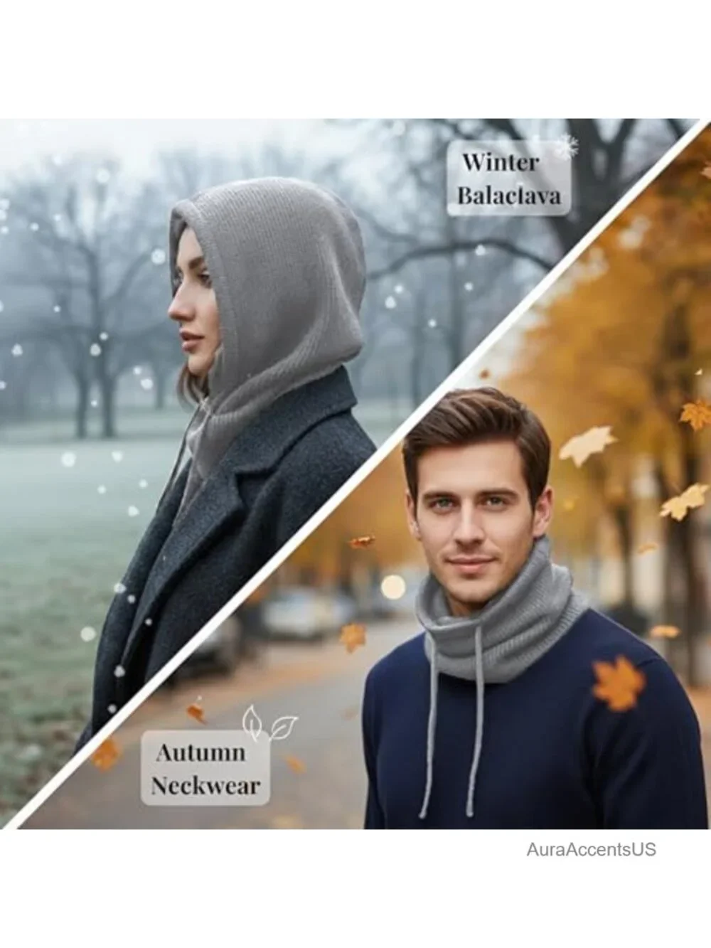Winter Knit Hooded Scarf Balaclava with Drawstring, 3-in-1 Neck Warmer Hat